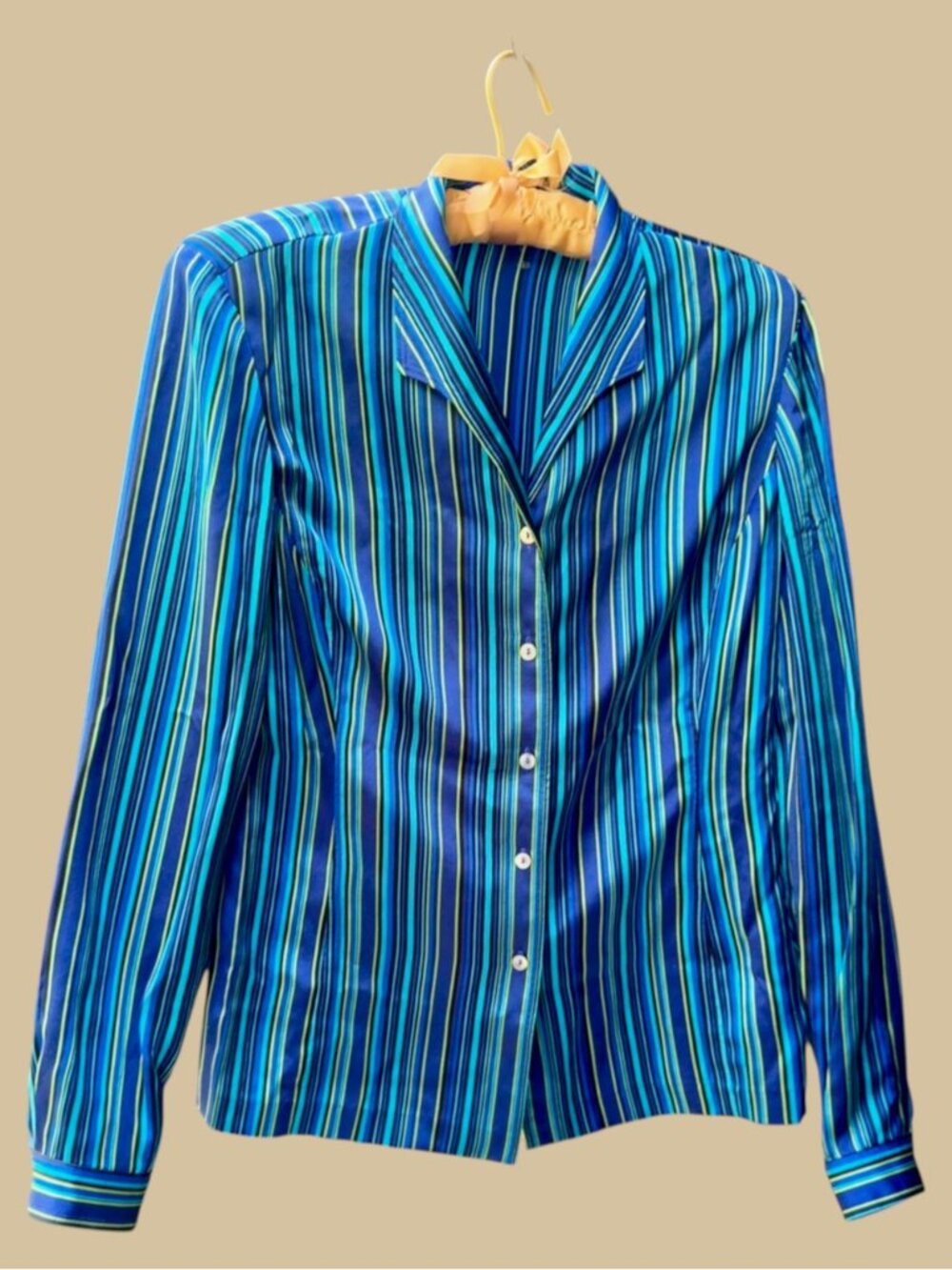 Vintage 90s Liz Claiborne 100% Silk Fitted Button Up Blouse Striped Jewel Tone